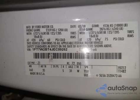 2018 Ford F-250 Xlt z USA, uszkodzony, nr VIN 1FT7W2BT4JEC09262